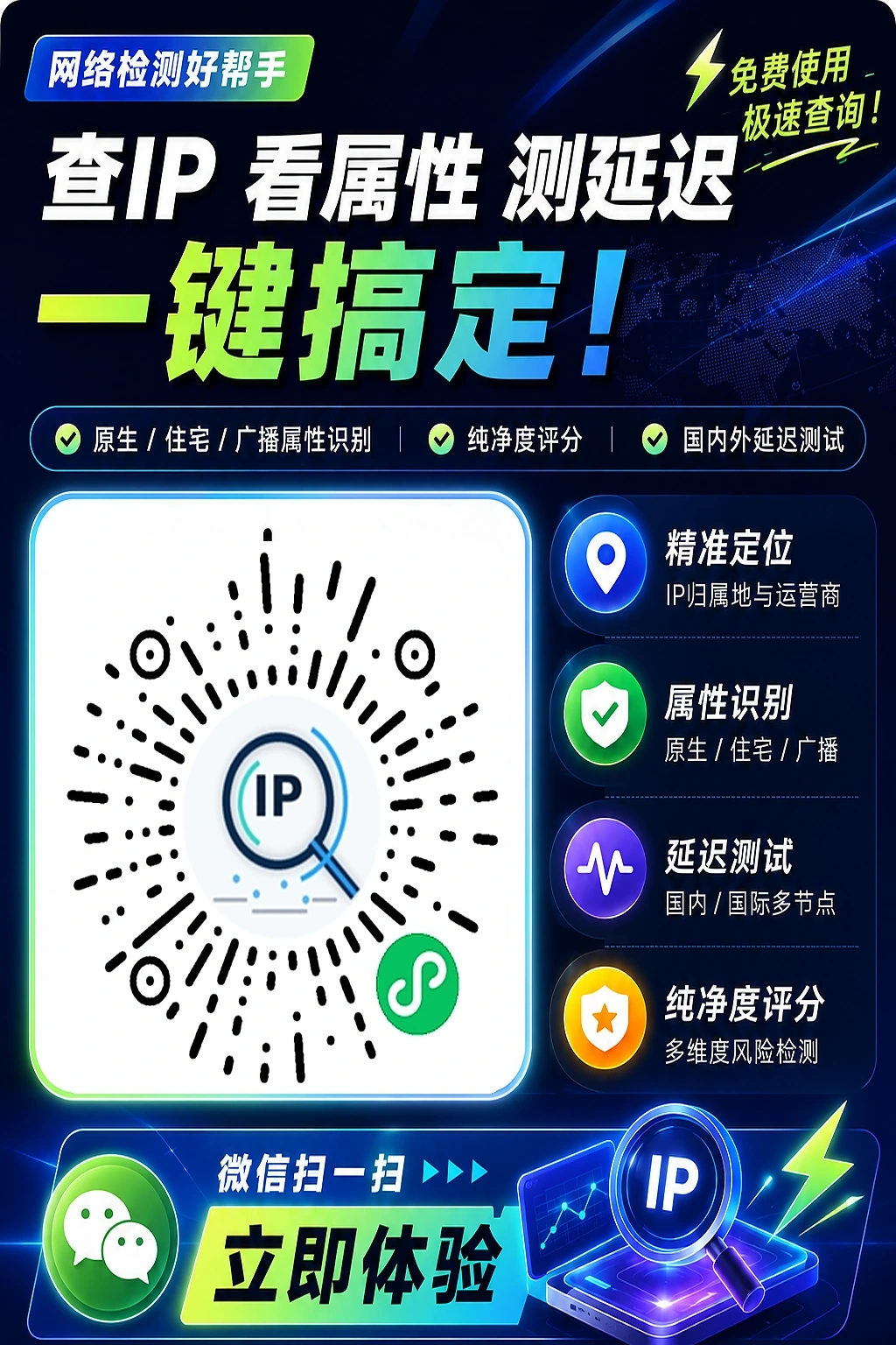 网络检测好帮手小程序二维码：查IP、属性识别、延迟测试和纯净度评分