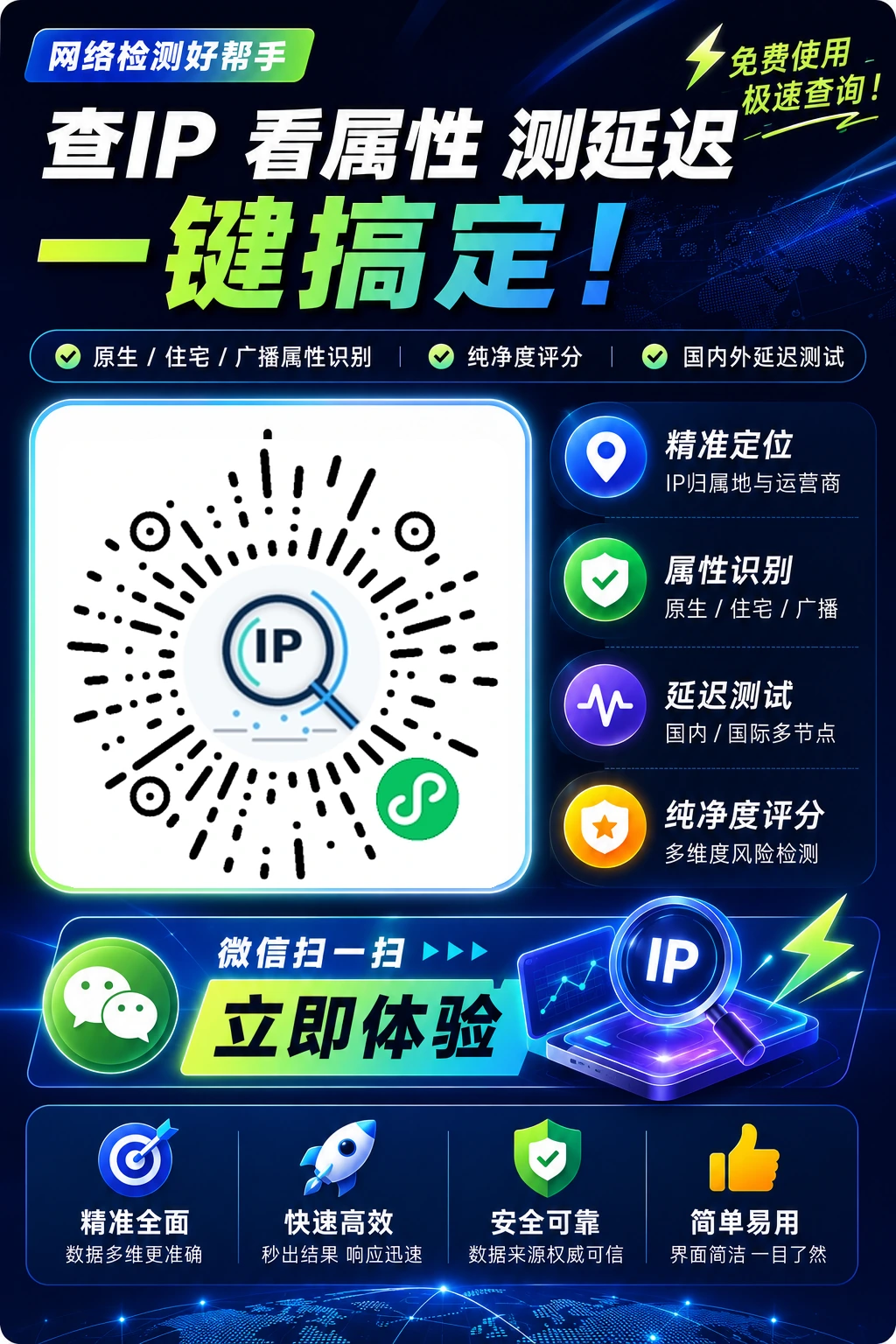 网络检测好帮手小程序二维码：查IP、属性识别、延迟测试和纯净度评分