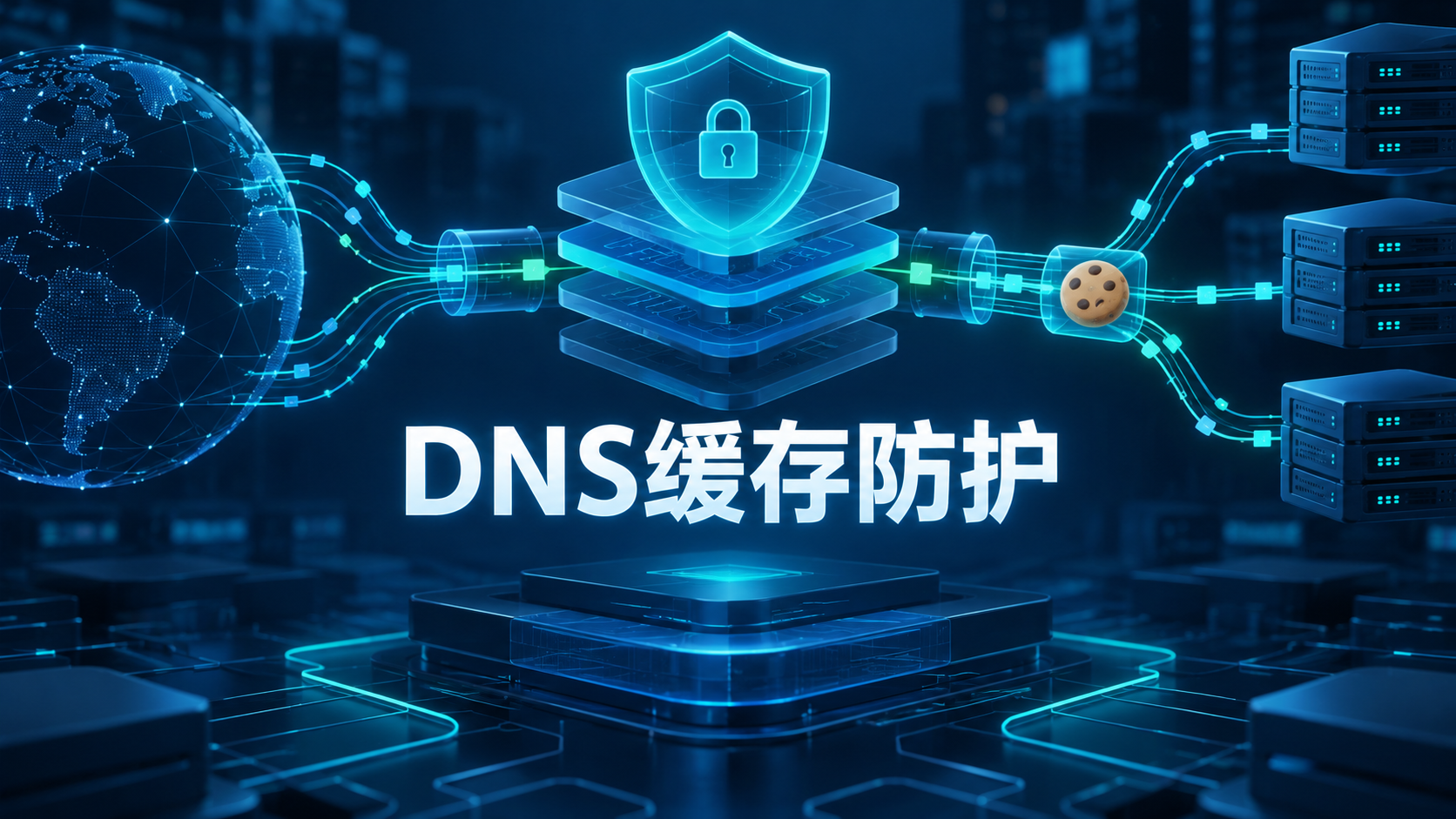DNS缓存层和查询链路受到安全防护并阻断伪造流量的示意图
