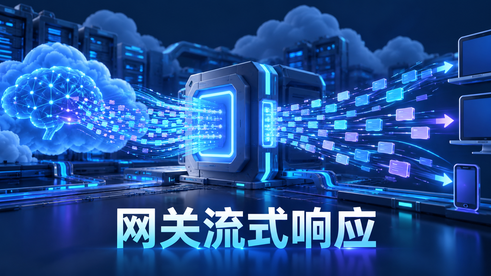 API网关将LLM响应拆分为连续数据块传输的示意图
