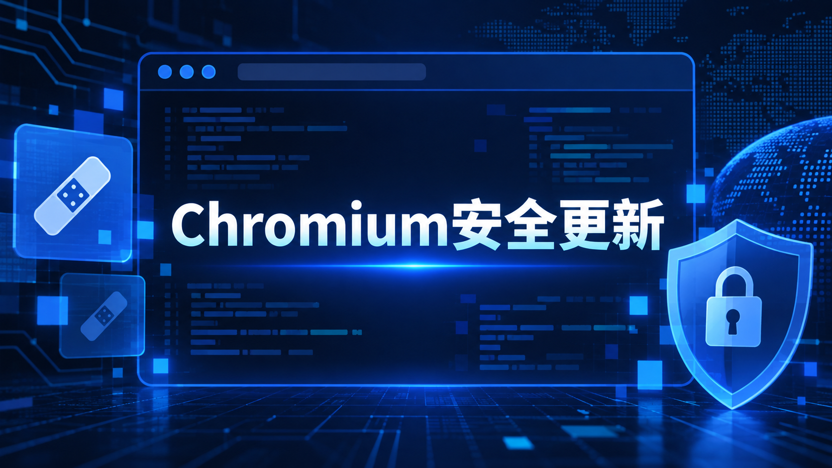 通用浏览器窗口安装Chromium安全补丁并由防护盾保护的示意图