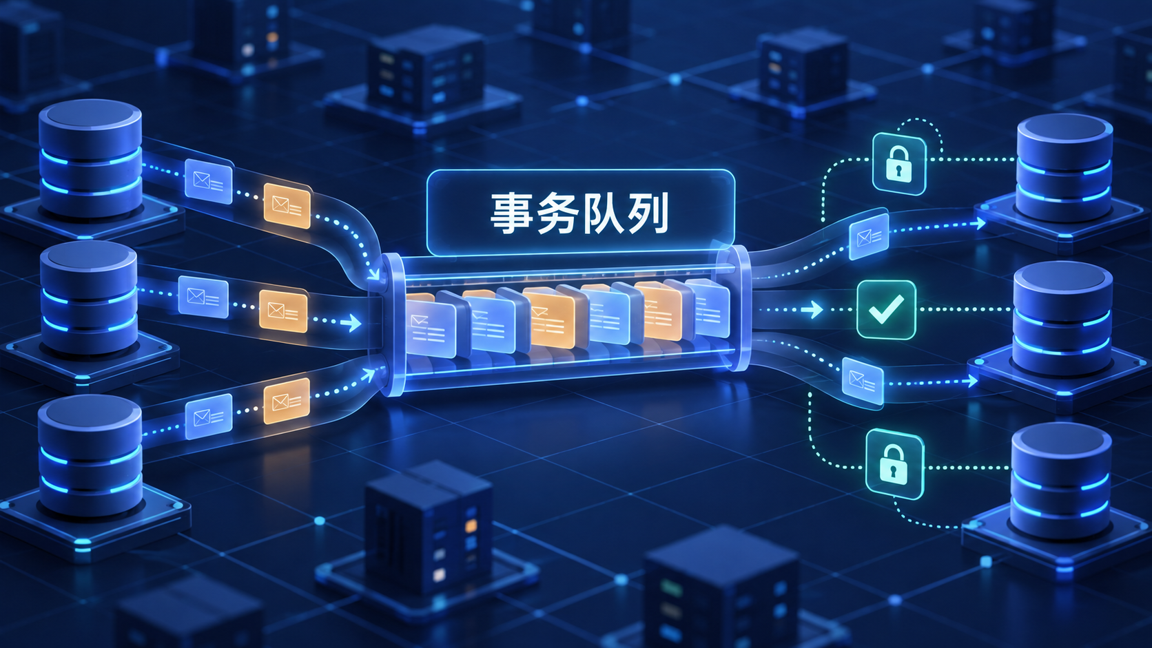 Spanner数据库事务将消息写入队列并由接收器确认处理的示意图