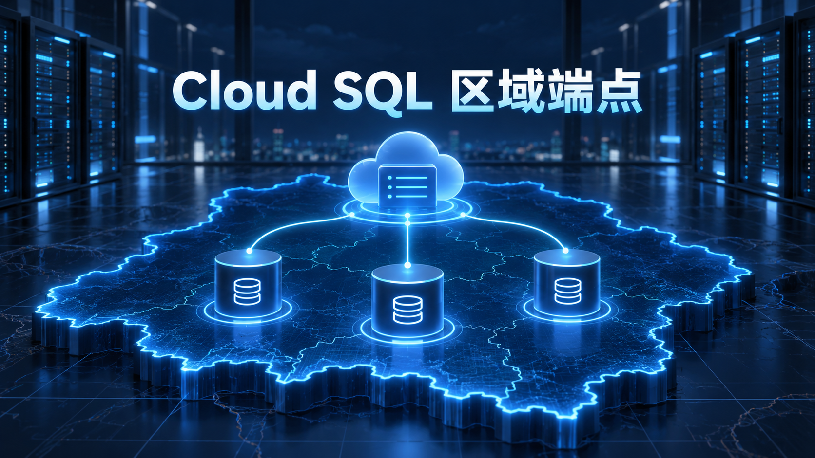Cloud SQL三种数据库引擎通过区域化管理端点保持流量区域隔离示意图