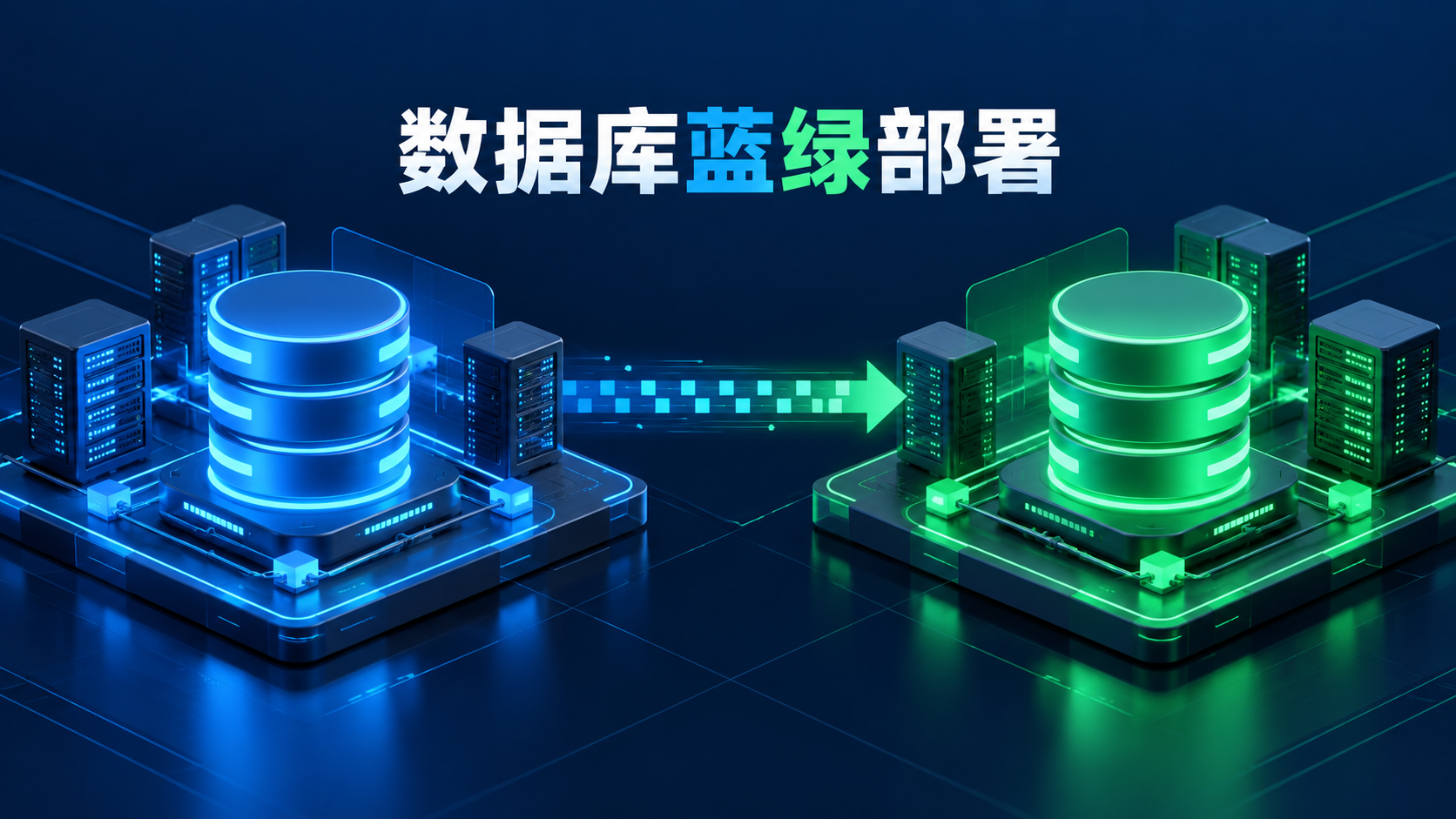 蓝色生产数据库向绿色预备数据库持续复制的示意图