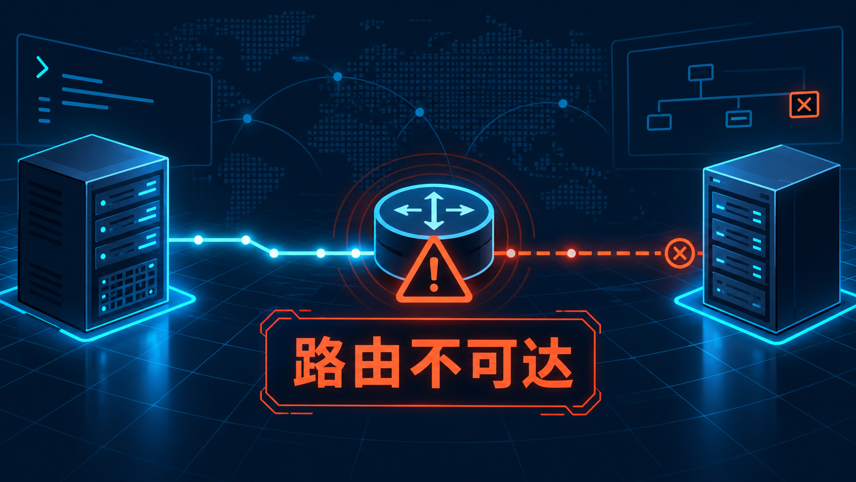 Linux服务器到目标主机的网络路由在网关处中断的示意图