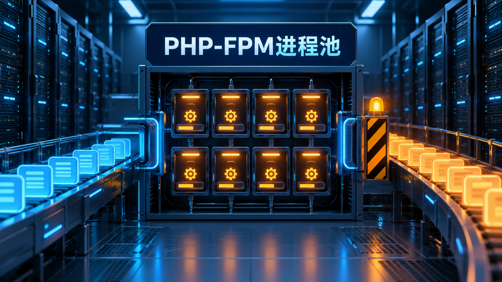 PHP-FPM进程池满载并出现请求排队的示意图