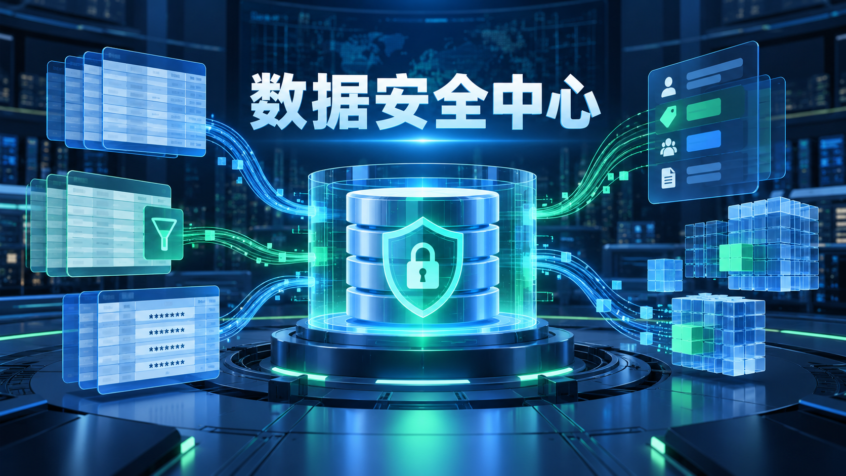 集中管理数据库行列访问策略与治理标签的数据安全中心示意图